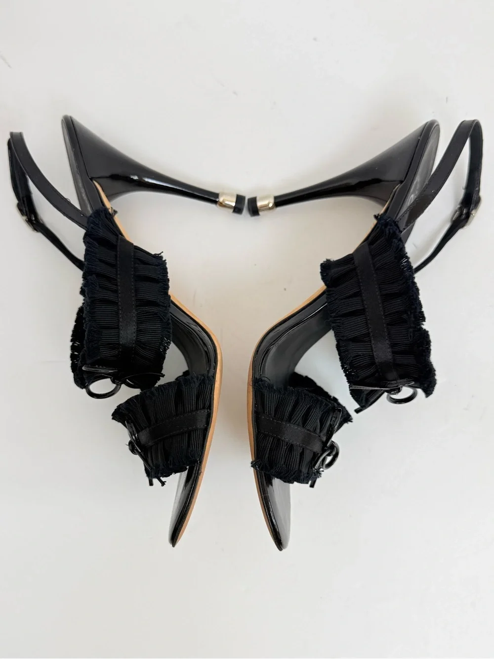 Chanel 12P Black Patent Fringe Bow Slingback Heels CC Logo Sandals EU 39